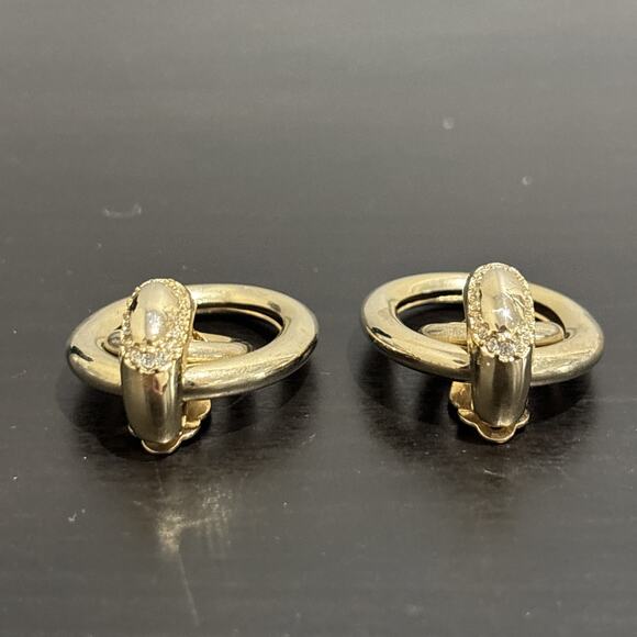 Vintage JOAN COLLINS Door Knockers Rhinestones Gold Tone Hoop Clip On Earrings - Picture 4 of 8